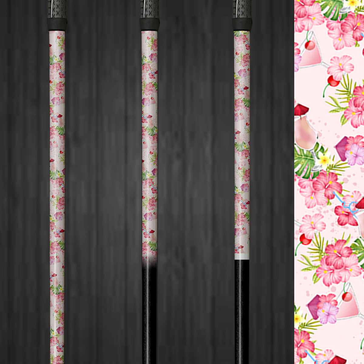 Close-up of Rose Martini vinyl golf shaft wrap, showcasing a chic rose and martini glass pattern on a golf club for an elegant, customized look.