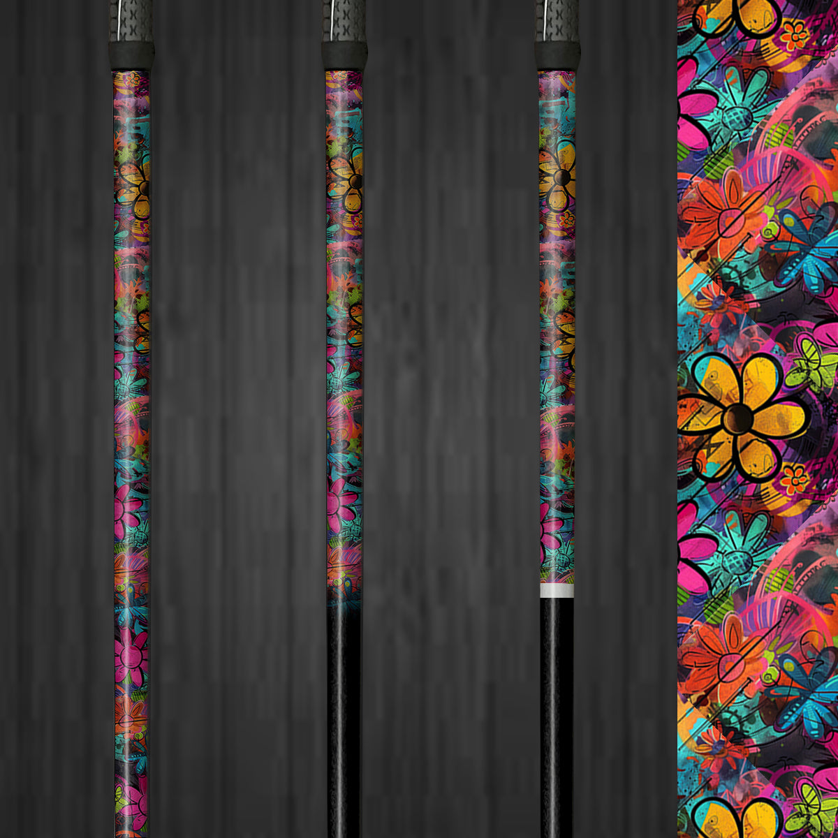 Close-up of a Flower Power vinyl golf shaft wrap, highlighting its vibrant floral pattern on a golf club for a playful, customized look.