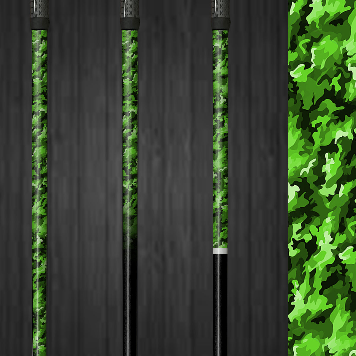 Golf club with a Marsh Green vinyl shaft wrap featuring a camo pattern in black, dark green, and neon green. The wrap offers a bold, custom look with a smooth, seamless finish.
